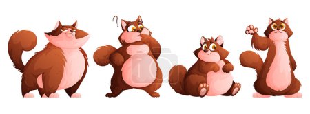 Illustration for A set of four cute plump brown cats. Funny well-fed cat posing. - Royalty Free Image