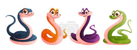 A set of four cute snakes in green, yellow, blue and purple. Funny snake posing. Symbol of the year.