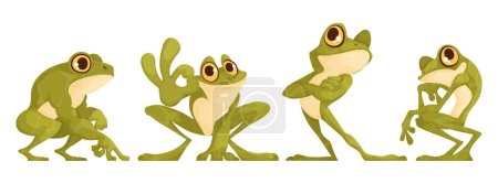Ilustración de Conjunto de cuatro sapos divertidos en diferentes poses. Sapo verde de interesante forma de dibujos animados, posando. - Imagen libre de derechos