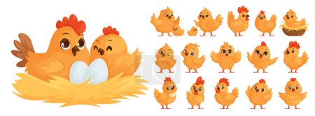 Illustration for Large set of chicken family. Yellow chickens, Hen hatches eggs. Mother hen and chicks. Big and small roosters. Chicken and rooster in the nest. - Royalty Free Image
