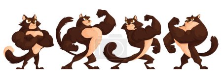 Ilustración de Conjunto de cuatro gatos fuertes y musculosos posando. Un gato moreno brutal con una figura atlética en un traje de culturistas demuestra sus músculos. - Imagen libre de derechos