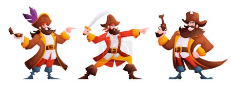 Jeu de caractères Pirates. Le pirate tient une boussole et montre la direction, lève sa lame vers le haut et pointe vers l'avant, tient un pistolet dans une pose brutale et perfide.