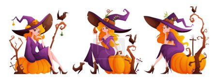 Ilustración de Conjunto de brujas Halloween. Una bruja con un aspecto lindo, cabello naranja, un vestido púrpura y un gran sombrero púrpura se sienta en una calabaza enorme. Viejo árbol seco, cruces, cráneos y cuervos. - Imagen libre de derechos
