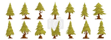 Set of forest trees pine, green tall spruce, European spruce, evergreen conifer. Interesting shaped pine tree