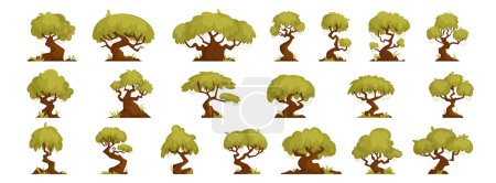 Großes Set von Waldbäumen von interessanten und verdrehten Formen, Bonsai und Eichen, grüner Waldbaum von interessanten Formen