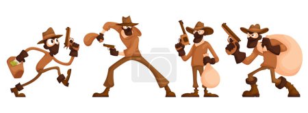 Illustration for Thieves cartoon characters set. A robber in a mask and with a gun is holding a bag or sack of money. Participant in a crime in a mask and hat. The thief committed a robbery. White background. - Royalty Free Image