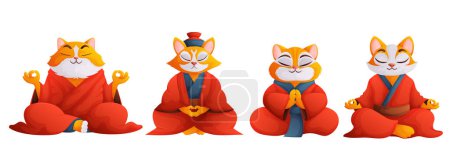 Set meditierender Katzen. Eine orangefarbene Katze mit weißem Flaum sitzt in einem roten chinesischen Gewand in einer Lotuspflanze. Konzept der Entspannung, Yoga, Meditation.