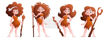 Personnage féminin primitif, personnages primitifs préhistoriques dans un décor de dessins animés de l'âge de pierre. Fille néandertalienne dans la peau d'un animal avec un club à la main.