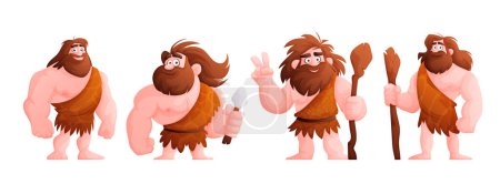Cave man, prehistoric primitive people in stone age cartoon set. Neanderthal in the skin of an animal with a club in his hand. Primitive man character mug #715711904