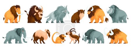 Set of isolated primitive animals, antediluvian beasts of the Stone Age. Elephant, mammoth, buffalo, bull, bison, saber tooth, wild cat, ram and goat in the form of the period BC.