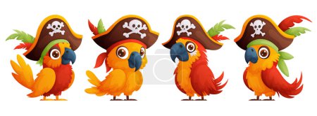 Illustration for Set of cartoon pirate birds in a ship captains hat. A cute and bright parrot in a large pirate hat. - Royalty Free Image
