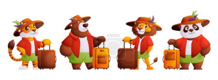 Conjunto de viajeros animales de dibujos animados. Un león, vacaciones temáticas, viajes y verano.
