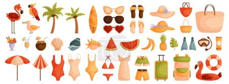Large set of elements on the theme of summer, travel and vacation. Flat cartoon. Swimsuits, shells and summer drinks. Hats, sunglasses and bags for the beach.