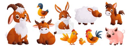 Téléchargez les illustrations : Animaux de compagnie de dessin animé mignons - chèvre, canard, lapin, mouton, poney, veau, coq avec poule et porc - illustration parfaite pour les livres pour enfants - en licence libre de droit