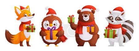 Animales de dibujos animados lindos con regalos de Navidad - zorro, pingüino, oso y mapache en sombreros y bufandas de vacaciones.