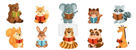 Cute Illustrations of Bear, Fox, Elephant, Raccoon, and More Engaged in Reading. Perfect for Educational Materials, Childrens Books, and Literacy Campaigns.