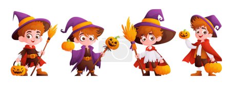 Adorable children dressed as witches and holding pumpkins, celebrating Halloween with bright costumes and cheerful expressions.