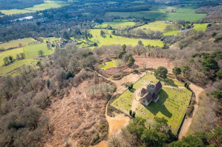 Amazing aerial view of the St Martha's Church, historical building in Guildford, Surrey, England, UK