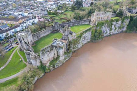 Beautiful aerial panorama view of the Chepstow downtown and Chepstow Castle, Wales, United Kingdom, daytime