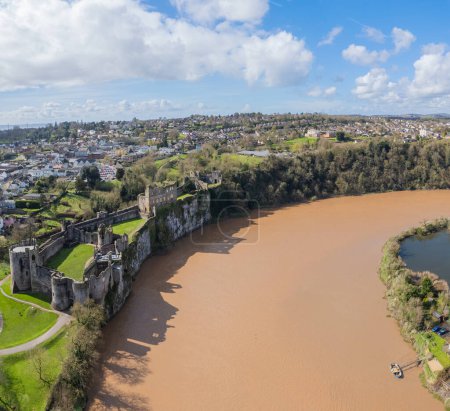 Beautiful aerial panorama view of the Chepstow downtown and Chepstow Castle, Wales, United Kingdom, daytime