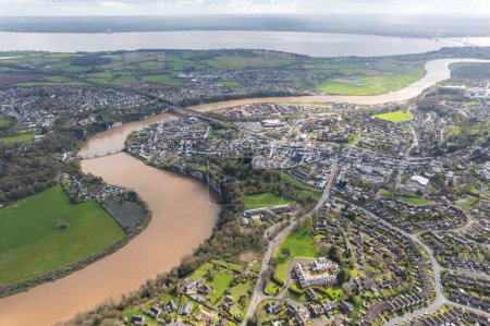 Amazing aerial panorama view of the Chepstow, River Wye, Monmouthshire, Wales, England, UK