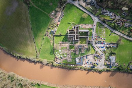 Amazing aerial top down view of Tintern Abbey, River Wye, and the nearby landscape. UK