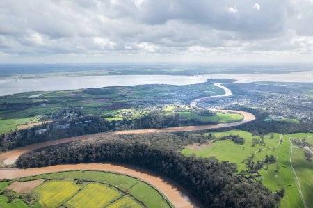 Amazing aerial panorama of Tintern Abbey, River Wye, and the nearby landscape, UK