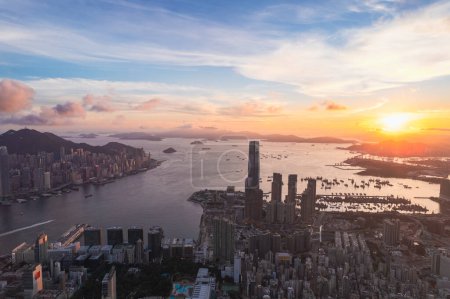 City landscape of the famous travel landmark, aerial view of Hong Kong, West Kowloon, sunset