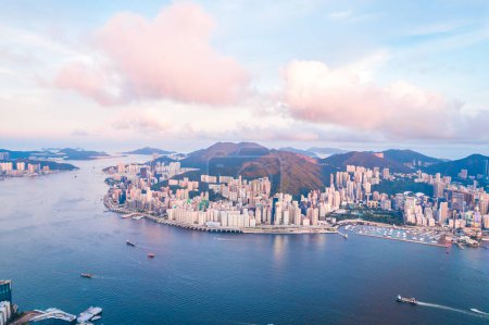 City landscape of the famous travel landmark, aerial view of Hong Kong, North Point, eveing daytime