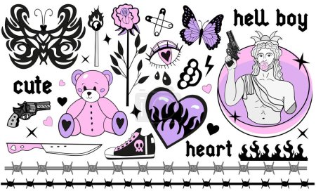 Illustration for Y2k 2000s cute emo goth aesthetic stickers, tattoo art elements and slogan. Vintage pink and black gloomy set. Gothic concept of creepy love. Vector illustration. - Royalty Free Image