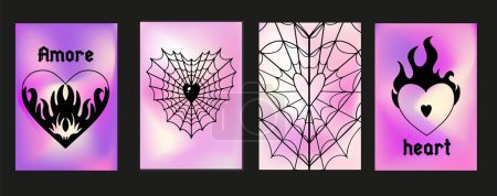 Téléchargez les illustrations : Y2K feu d'affiche emo, coeurs toile d'araignée. Illustration vectorielle. - en licence libre de droit