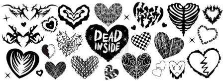 Illustration for Y2k 2000s cute emo goth hearts stickers, tattoo art elements . Vintage black gloomy set heart. Gothic concept of creepy love. vector illustration - Royalty Free Image