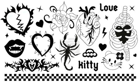 Illustration for Y2k 2000s cute emo goth aesthetic stickers, tattoo art elements and slogan. black punk rock set. Gothic concept . Vector illustration. - Royalty Free Image