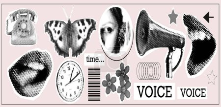 Vintage collage. Halftone hands, mouth, clock. Screaming into a megaphone. Ear with shell. Concept of deadlines and time management. Modern vector illustration