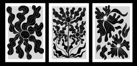 Minimalistische Plakate mit abstrakter Kunst und botanischer Komposition. Linolschnitt pflanzliche und organische Elemente, Kräuterdruck. Vektorillustration.
