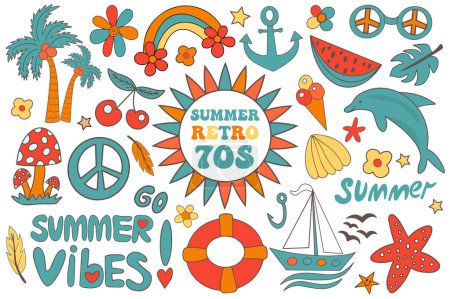 Retro 70s summer vibe, hippie stickers, psychedelic 