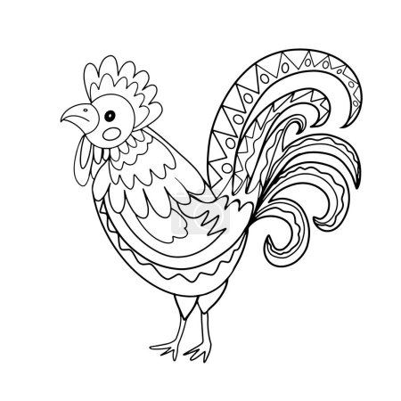 Hahn, Huhn, Hausvogel. Handgezeichneter Hahn für Anti-Stress-Malseite mit hohen Details