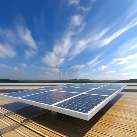 Foto de Ilustración generativa de Ai. Paneles solares contra el cielo azul profundo. Concepto de energía natural, energía limpia y verde. Copiar espacio - Imagen libre de derechos
