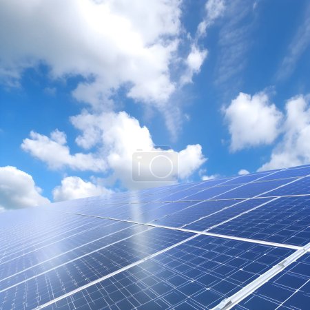Foto de Ilustración generativa de Ai. Paneles solares contra el cielo azul profundo. Concepto de energía natural, energía limpia y verde. Copiar espacio - Imagen libre de derechos