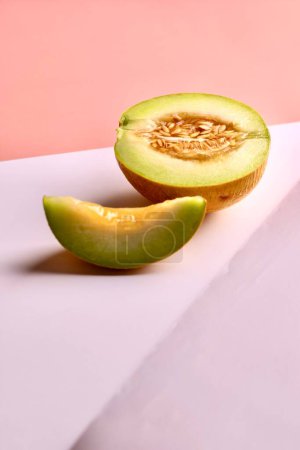 Photo for Creative photo of a melon on colorful background. Copy space. Trendy 3d concept. Vertical photo - Royalty Free Image