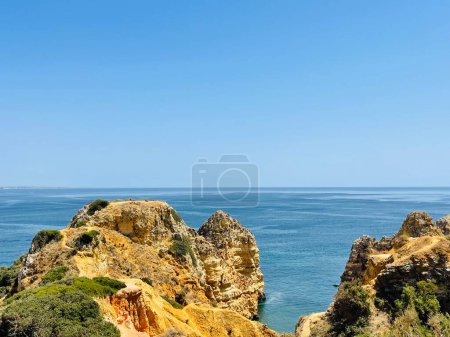 Photo for Rocks and sandy beach in Portugal, Lagos. Copy space - Royalty Free Image