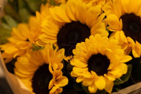 Photo for A beautiful bouquet of sunflowers stands in a vase . Bouquet for birthday , wedding ,in rustic style. copy space. Selective focus . Horizontal photo. - Royalty Free Image