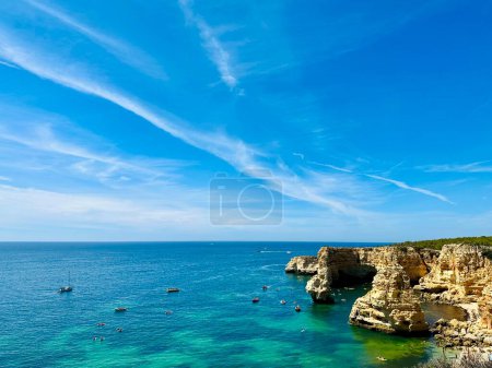 Beautiful view of Benagil Cave in Carvoeiro Algarve Portugal. Travel concept. view from the boat. Horizontal photo. 