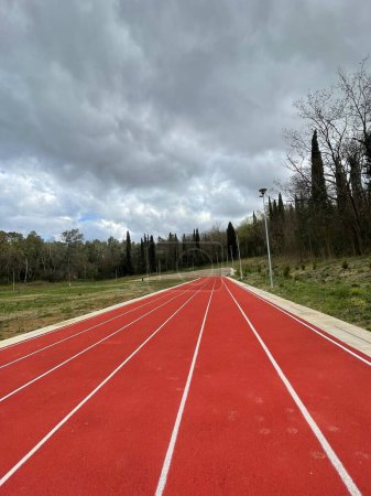 Piste d'athlétisme ou piste de course au parc principal Tiranas avec des arbres verts dans l'aire de jeux. Photo verticale.
