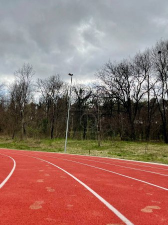 Piste d'athlétisme ou piste de course au parc principal Tiranas avec des arbres verts dans l'aire de jeux. Photo verticale.