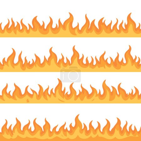 Eine Reihe nahtloser Flammenmuster in unterschiedlicher Intensität, dargestellt in einem warmen orangen bis gelben Farbverlauf, ideal für den grafischen Einsatz bei der Darstellung von Feuer und Energie.
