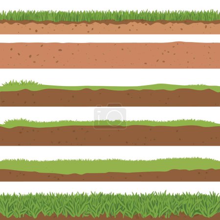 Set aus verschiedenen nahtlosen Bodenquerschnitten, die Schichten aus Erde, Gras und unterirdischen Strukturen zeigen, perfekt für Umwelt- und Landschaftsgestaltung.