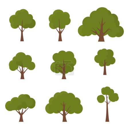 A collection of various stylized trees in different shapes and sizes, depicting a diverse range of tree types and leaf densities for environmental graphics.