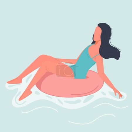 Illustration einer Frau, die sich auf einem rosafarbenen aufblasbaren Ring in heiterem blauem Wasser entspannt und eine entspannte und friedliche Atmosphäre heraufbeschwört.