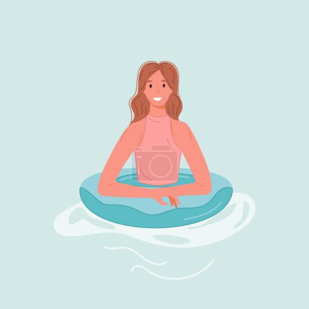 Ilustración de una mujer relajada flotando en un anillo inflable en agua azul suave, transmitiendo una sensación de paz y ocio.